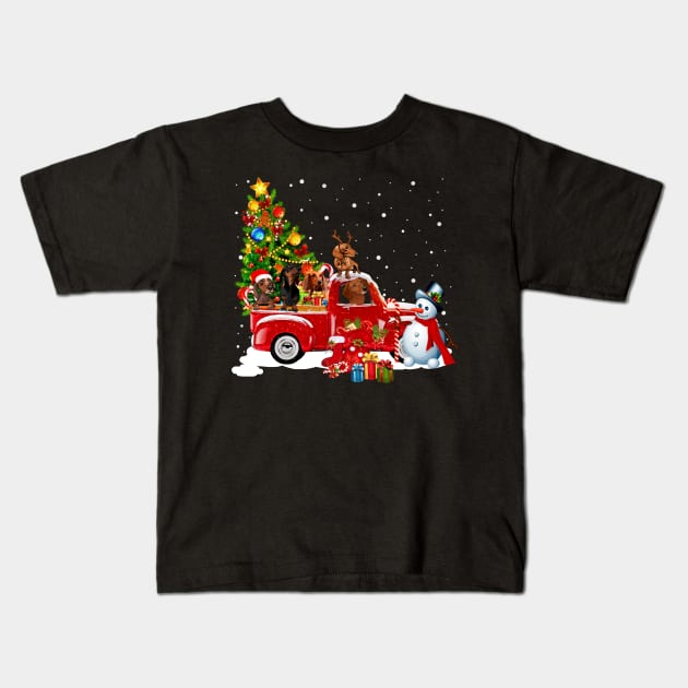 Red Truck Merry Christmas Tree Dachshund Dog Christmas T-Shirt Kids T-Shirt by kimmygoderteart